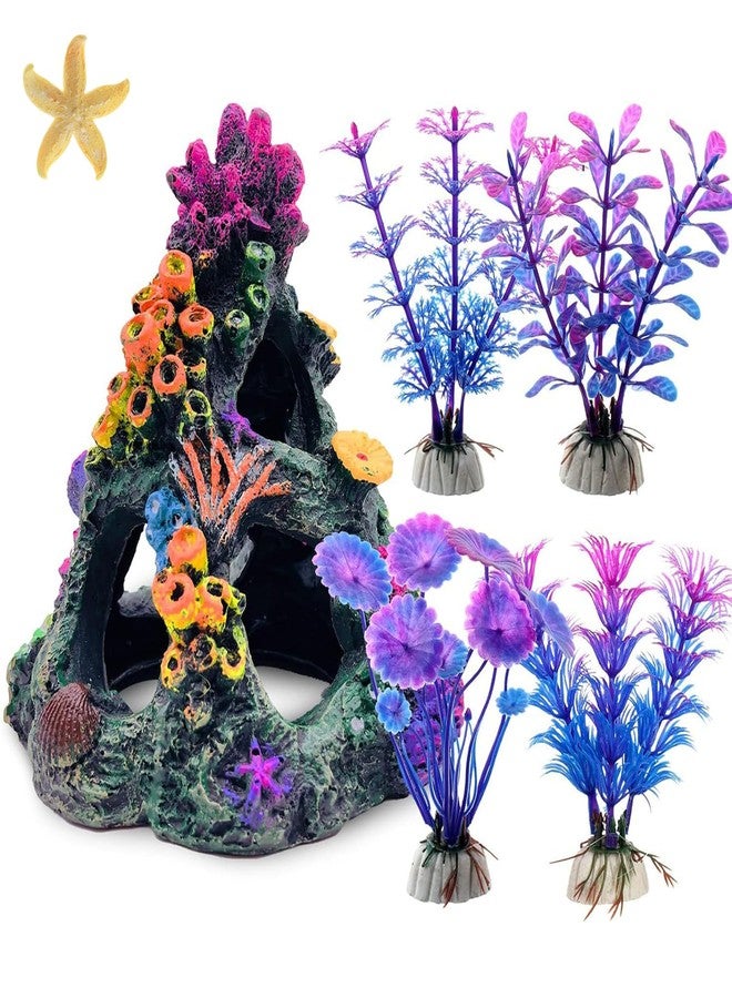 GOFYLIN Fish Tank Decoration Set, Aquarium Decor Colorful Coral Mountain x 1pc, Betta Fish Tank Accessories Aquatic Plants x 4pcs，Aquarium Decor Starfish x 1pcs. - Image 1